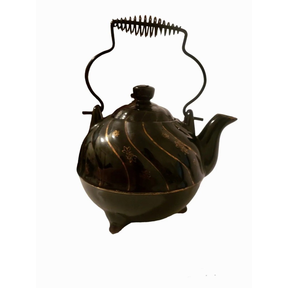 Tea Pot Japanese Vintage Wire Handle With Painted Gold Print Antique Collector